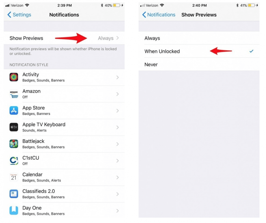 disabilitare l'anteprima delle notifiche in iOS