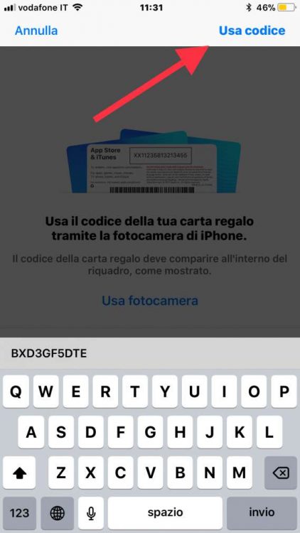 usa codice redime su iPhone