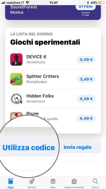 utilizza codice redime su iPhone