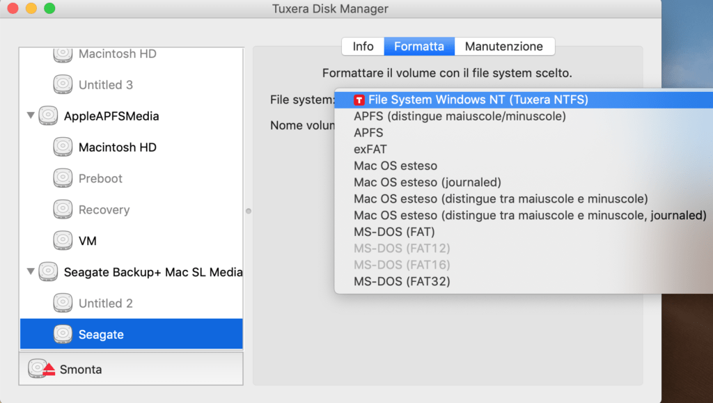 Tuxera NTFS formattazione