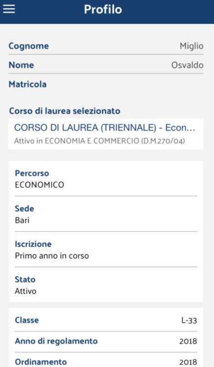 MyUniBa profilo studente