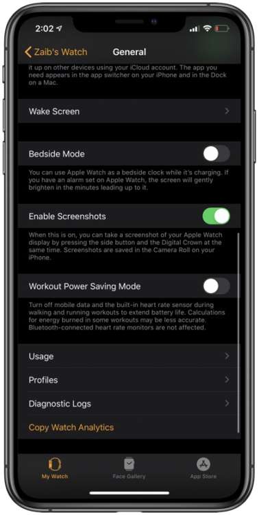 Disattivare screenshot su Apple Watch tramite iPhone.