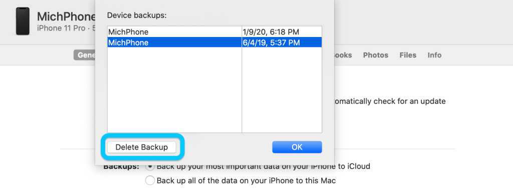 eliminare i backup di iPhone dal Mac